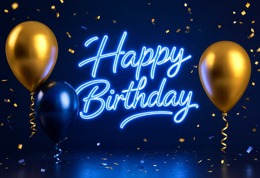 Happy Birthday Celebration With Neon Balloons And Confetti Decorations