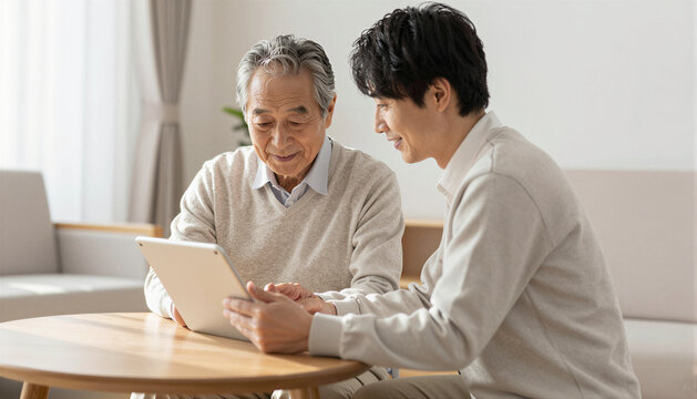 Elderly man and adult son looking at tablet together at home