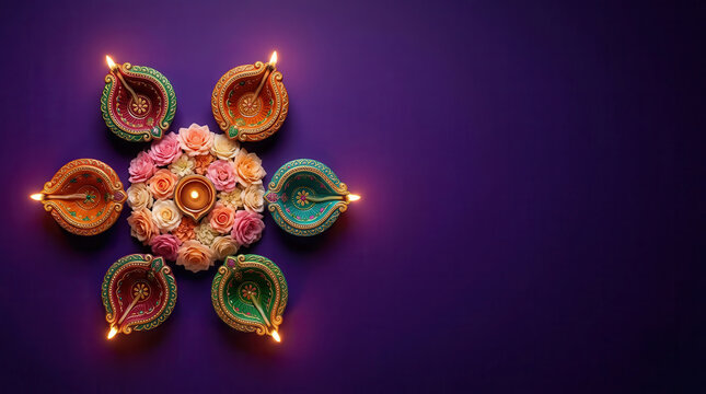 Flat lay of lit diya oil lamps arranged in circular mandala pattern with colorful flowers on purple background with copy space, festive traditional Indian Diwali festival of lights celebration