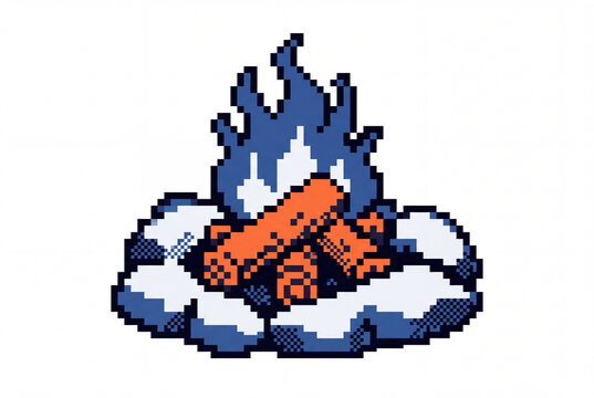 Pixel art campfire with blue flames and orange logs