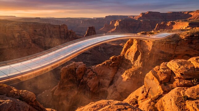 Curved transparent glass skywalk extending over a dramatic red desert canyon at golden hour sunset