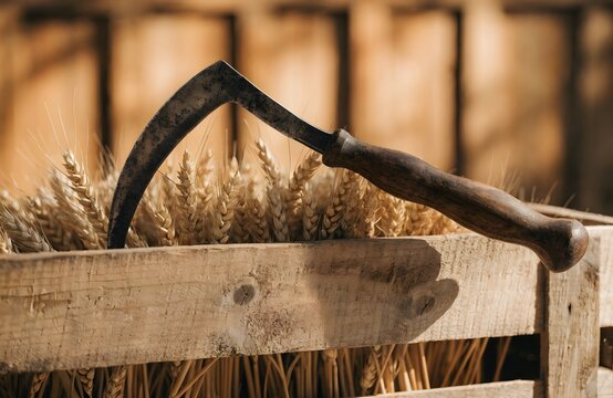 Vintage Hand Tool Resting on Wooden Box Filled with Wheat Sheaves