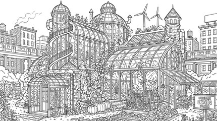 Obraz premium Whimsical greenhouse illustration with intricate details, perfect for a coloring book or decorative element.
