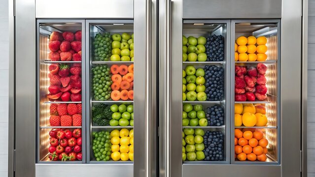 Beautifully arranged and sorted colorful fresh tropical fruit inside a modern stainless steel refrigerator