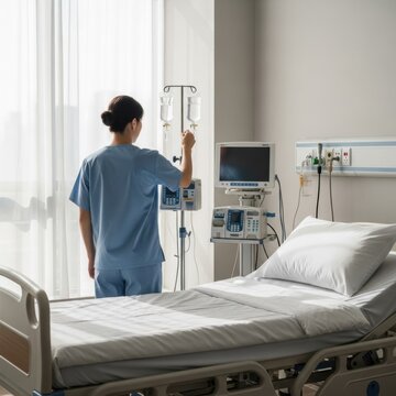 Female nurse in blue scrubs adjusting an IV drip bag on a stand in a bright hospital room featuring an empty patient bed, medical monitoring equipment, and natural light from a window.