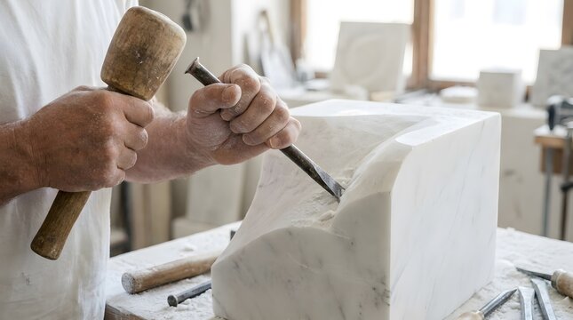 Skilled sculptor shaping a white marble block with a mallet and chisel