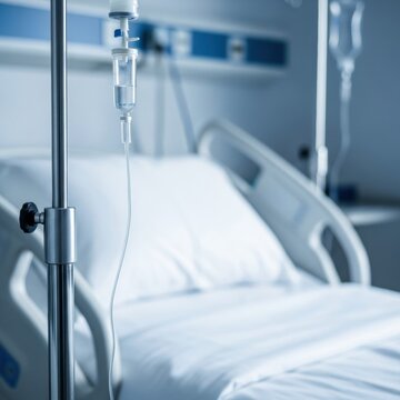 Close-up of a medical IV drip bag with saline solution hanging on a metal pole next to an empty clinical hospital bed with white linens in a sterile treatment room environment.