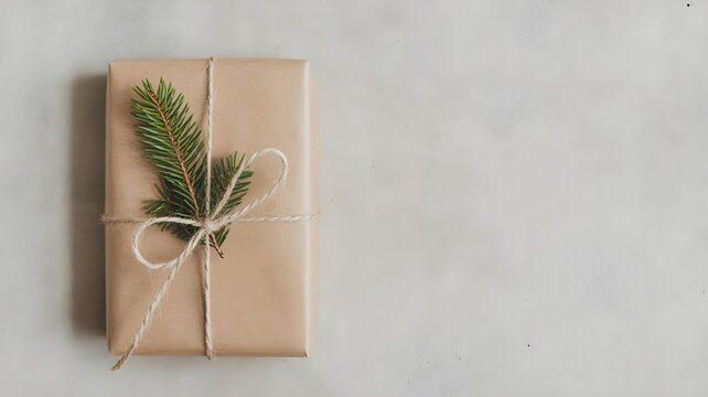Caja de regalo envuelta en papel kraft con cuerda y rama de abeto sobre fondo gris con espacio para texto