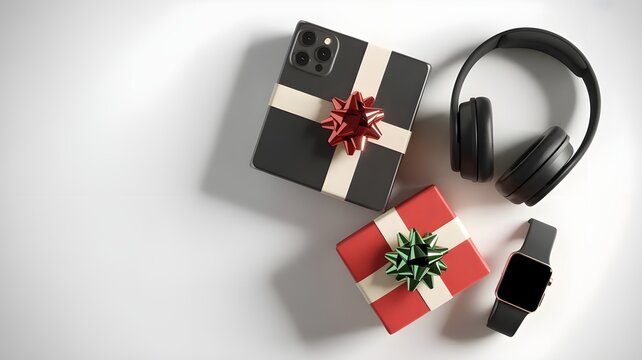 Regalos tecnol&oacute;gicos de navidad con smartphone, reloj inteligente, auriculares y cajas de regalo festivas sobre fondo blanco visto desde arriba