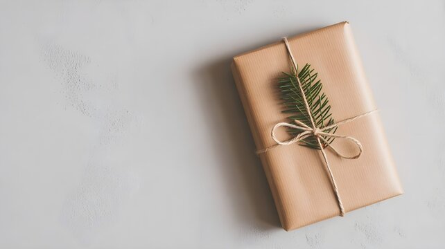 Caja de regalo envuelta en papel kraft con cordel y rama de pino sobre fondo claro de m&aacute;rmol con vista superior