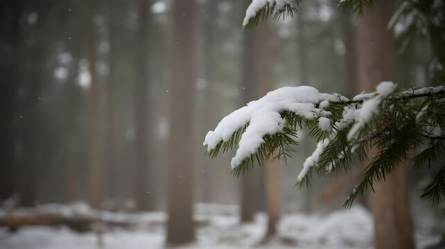Primer plano de una rama de pino cubierta de nieve en un bosque brumoso de invierno