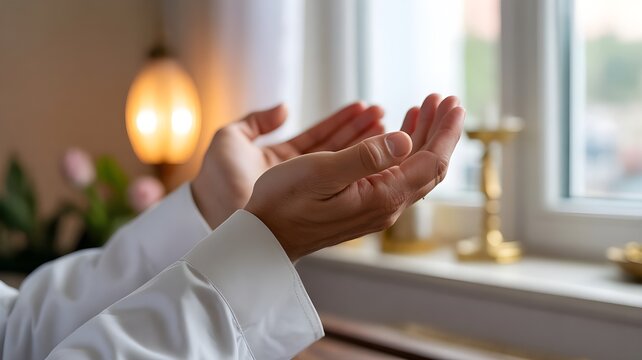 Manos abiertas en gesto de oraci&oacute;n, s&uacute;plica o agradecimiento cerca de una ventana iluminada con luz natural
