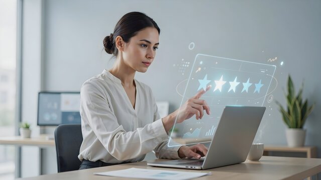 Mujer de negocios interactuando con una interfaz hologr&aacute;fica de cinco estrellas para valorar un servicio en la oficina