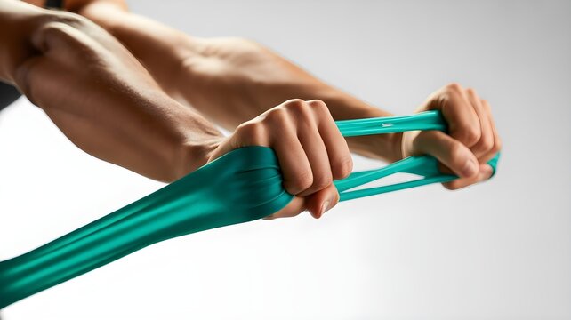 Primer plano de los brazos y manos de una persona estirando una banda el&aacute;stica verde de resistencia para entrenamiento f&iacute;sico