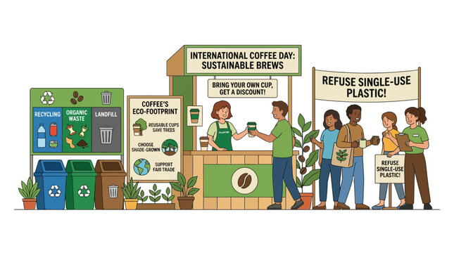 Eco-friendly coffee stand promoting sustainable brews and refusing single-use plastic.