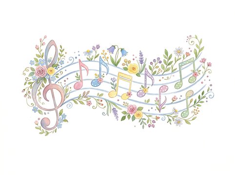 Musical notes with treble clef and flowers, watercolor illustration, isolated on white background