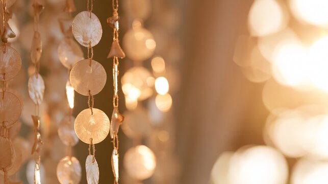 Strands of delicate capiz shell discs dangle, bathed in a cozy golden glow and surrounded by a veil of gentle, hazy bokeh