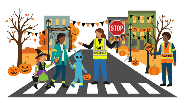 Halloween Safety Crossing: Kids, Alien, Volunteers on Street with Stop Sign