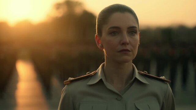 Uniformed woman looks ahead in warm low sunlight, framed chest-up outdoors as blurred rows of people extend behind her beside a glowing pathway with soft backlight