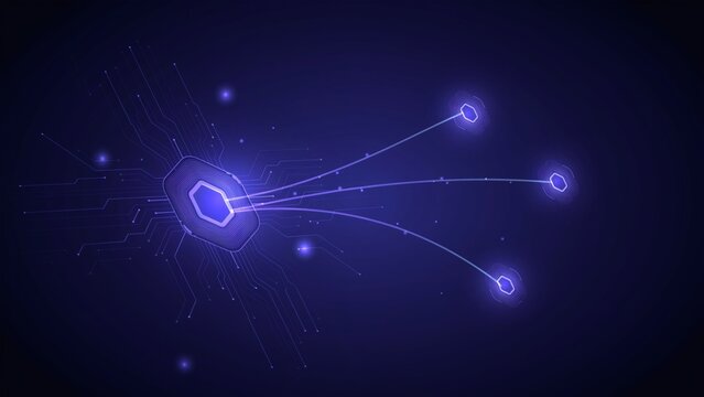 A digital circuit board with glowing nodes and data lines on a dark blue background with hexagonal circuit processor processor connects with several smaller peripheral
