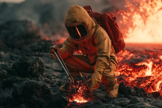 Worker in a heat-resistant suit and helmet tending an intense furnace fire with a long metal pole