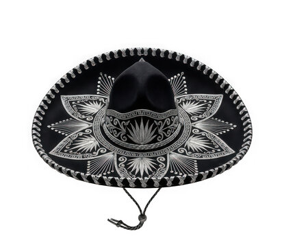 Traditional mexican black sombrero hat with intricate silver embroidery isolated on transparent background