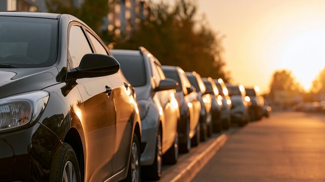 Parked cars creating a row along a quiet street, receiving warm golden hour light, reflecting soft sunset hues