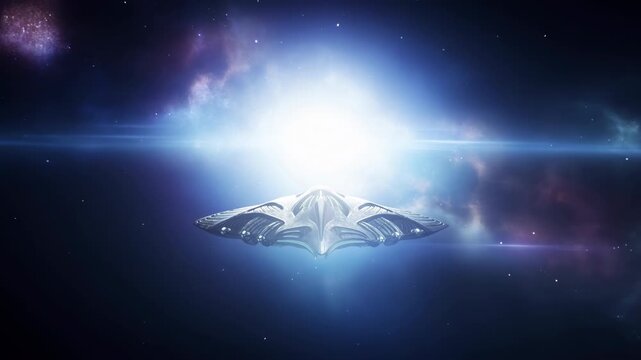 Winged futuristic starship glides away from viewer toward an intense white star, shrinking across dark starfield as blue light flares and violet nebula clouds frame centered flight