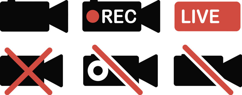 Camera recording and live streaming on and off icons for video capture, broadcasting, media controls, and digital content