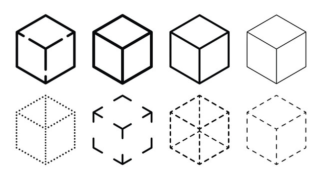Wireframe cube outlines and dotted structures demonstrate geometric perspective.
