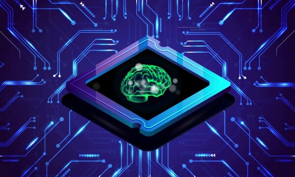 Blue Circuit Board with Computer Processor Chip, Digital Electronics Technology, Motherboard Hardware, CPU System and Data Connection Concept Vector Illustration