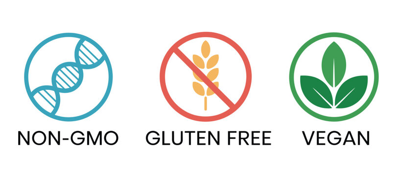 vegan non-gmo gluten free icon set, healthy food labels and dietary certification symbols for packaging and vector design