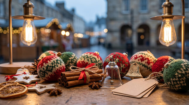Christmas ornaments with knitted patterns, cinnamon sticks, and dried orange slices on a wooden table with warm glowing edison light bulbs