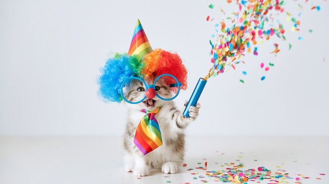Cute kitten dressed as a clown, wearing a rainbow wig, party hat, glasses, and tie, actively launching vibrant confetti for a celebration