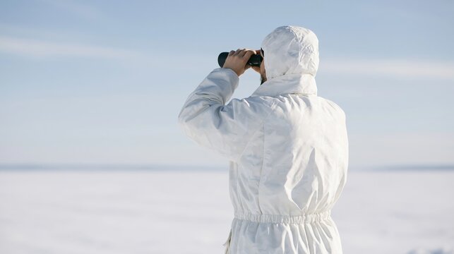 Person in winter gear looking across a vast, snow covered expanse, searching for something in the distance