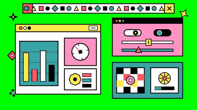 Colorful animated software interface with data charts and geometric shapes moving on a green screen