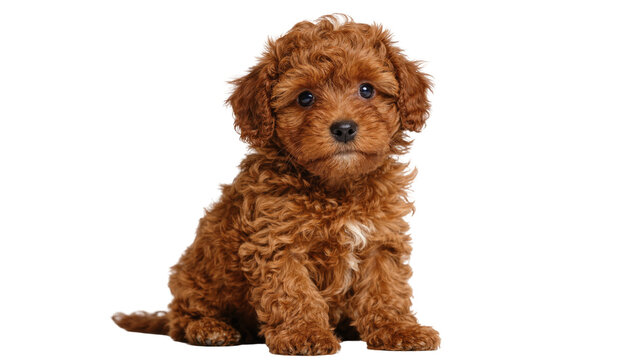 Fluffy brown poodle puppy sitting attentively, isolated on transparent background