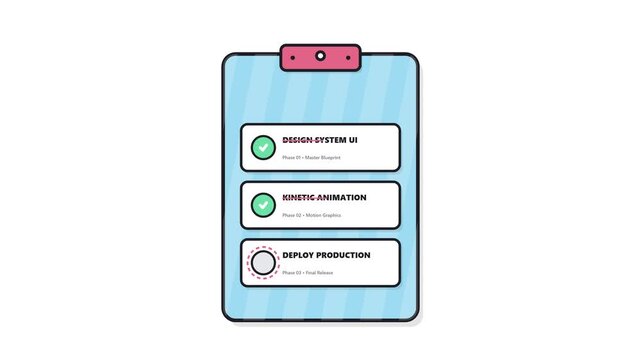 Task progress clipboard showing step by step project completion with checkmarks in a business workflow animation