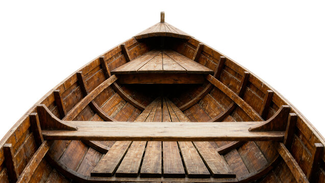 Wooden rowboat interior with weathered planks, isolated on transparent background