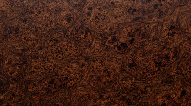 Rich Walnut Burl Wood Veneer Texture, Natural Grain Pattern, Dark Brown Wood Surface Background