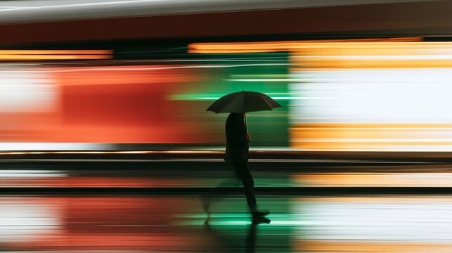Person carrying an umbrella walking through a dynamic urban setting with colorful motion blur light trails, reflecting speed and movement