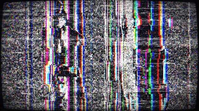 Abstract digital glitch screen with intense static noise vertical colorful distortion lines and corrupted video signal effect for retro cyber technology background design backdrop