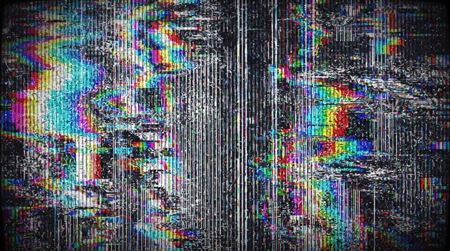Digital TV signal corruption glitch screen background with colorful vertical pixel lines matrix noise screen distortion effect for cyberpunk poster design technology abstract banner