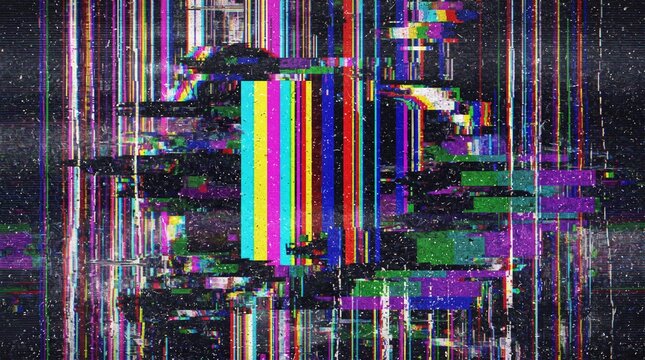 Abstract digital glitch screen background with distorted TV test pattern color bars cyber noise signal error display effect for modern music cover art gaming design video transition