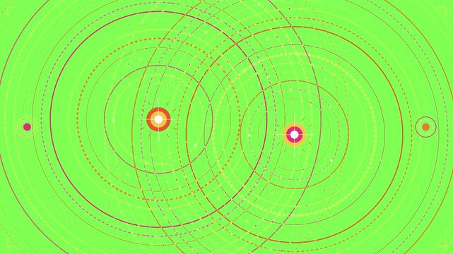Abstract circular motion patterns cycle through concentric orbital rings on a vibrant lime green background