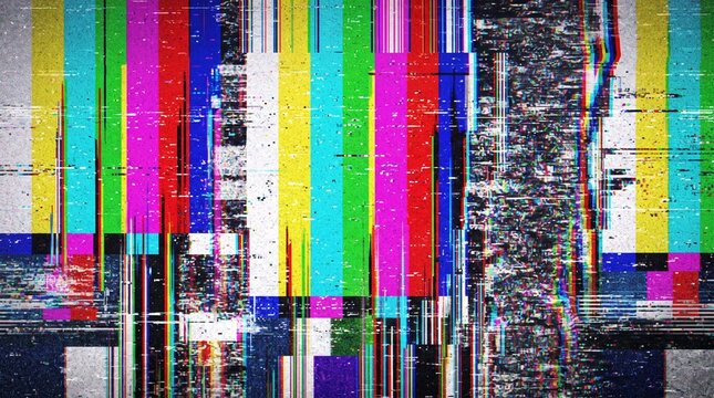 Abstract digital glitch screen texture with colorful broadcast tv test pattern bars, RGB pixel distortion, signal noise error, and cyber disruption background effect for video editing.