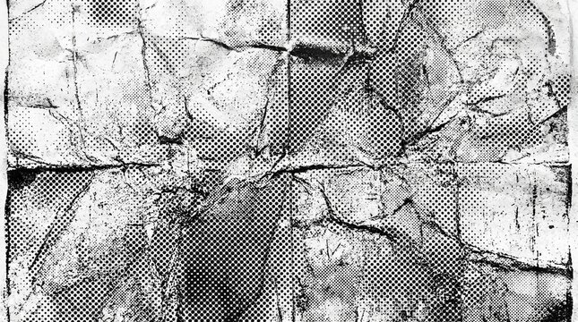 Distressed background wallpaper with high contrast black halftone dot pattern on crumpled wrinkled white paper texture for creative retro poster graphic design overlay printing backdrop