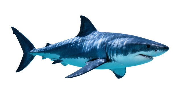 Great white shark with sharp teeth and blueish grey skin, isolated on transparent background