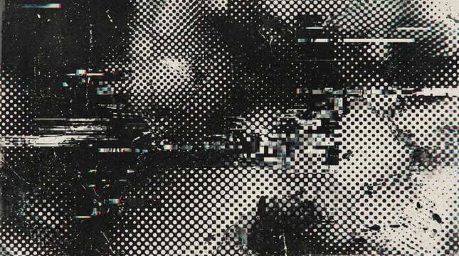 Monochrome distressed background with halftone dot pattern, retro checkerboard texture, digital glitch noise and grunge aesthetic overlay for poster design and creative media.