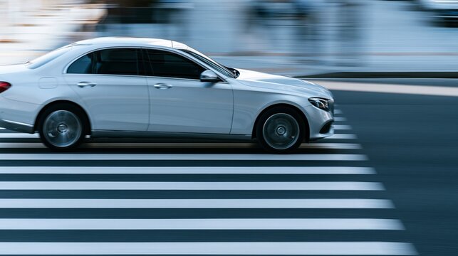 Silver luxury sedan speeding across a pedestrian crossing, dynamic motion blur representing fast movement
